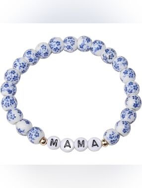MAMA Blue Floral Beaded Stretch Bracelet